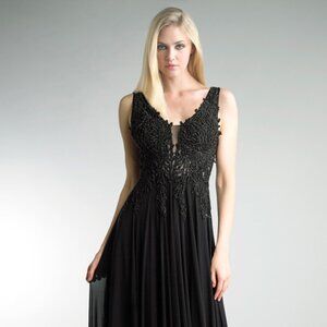 Evening Gown, beautiful beaded/lace top details, wide, long , flowing bottom.